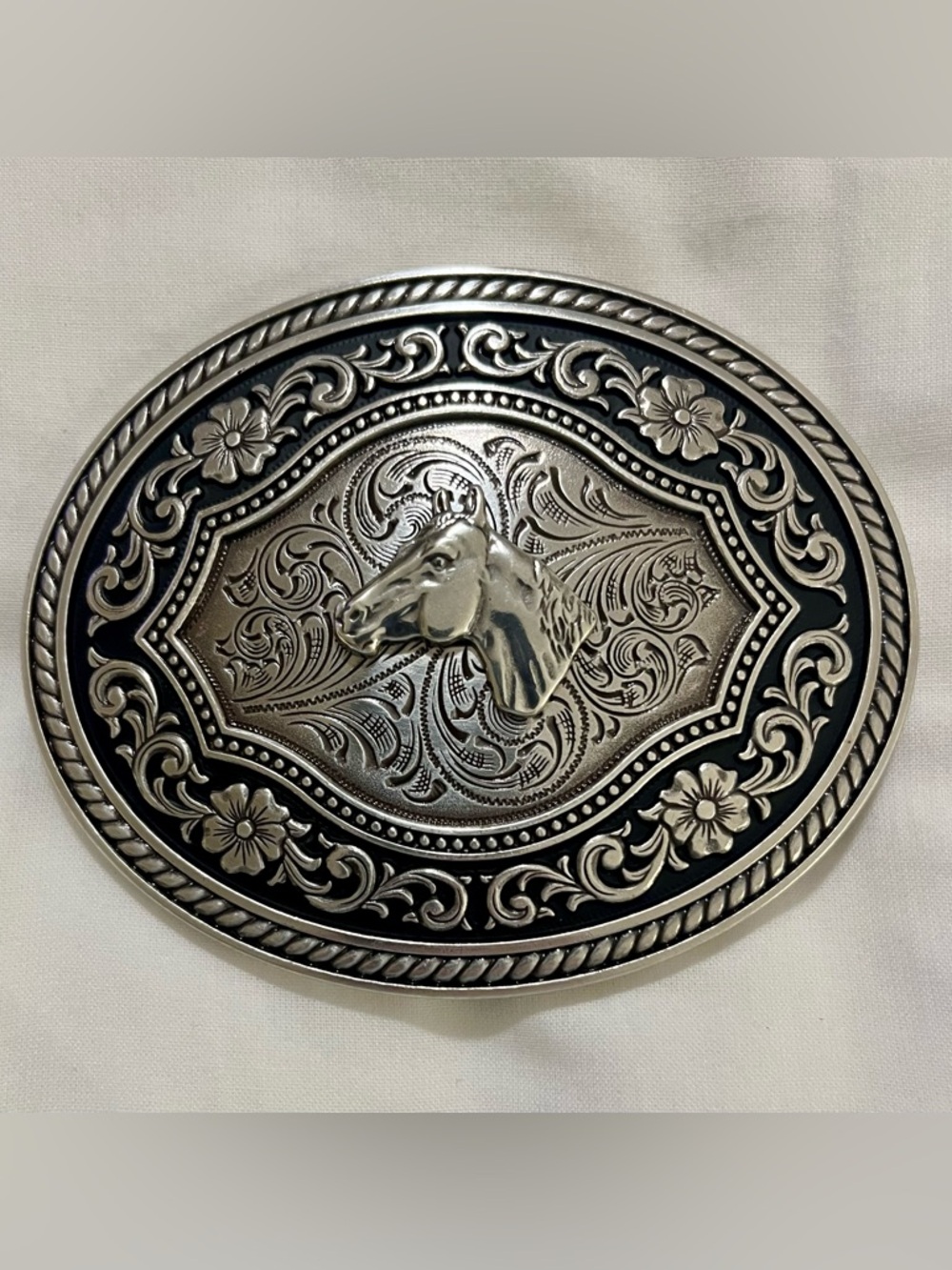 Nocona Silver and Black Horse Head Western Belt Buckle
